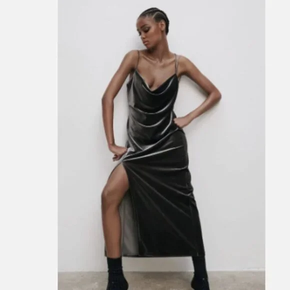 Zara Gunmetal Gray Velvet Cowl Neck Backless Strappy Midi Dress M - Picture 1 of 6